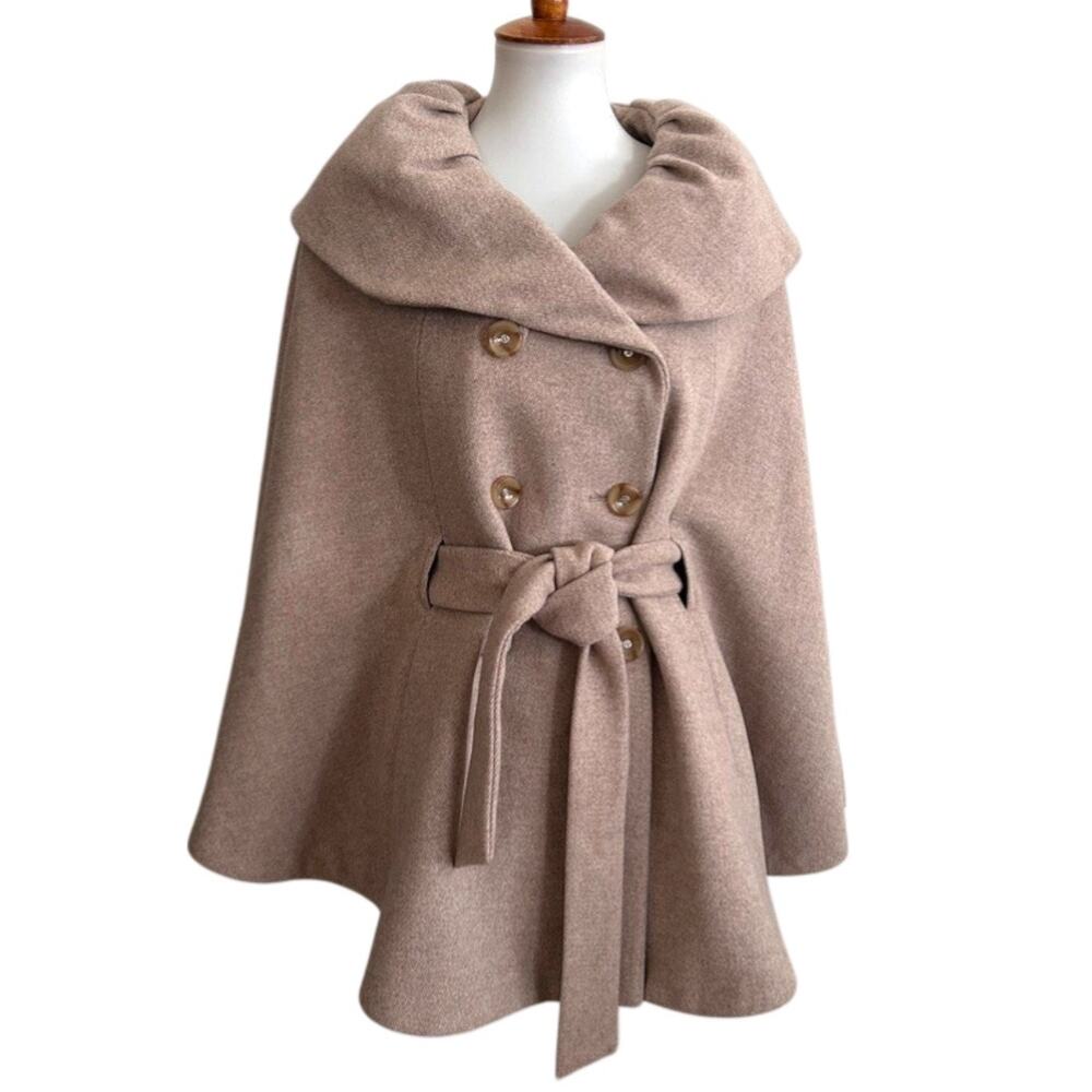 Vintage 90s Calvin Klein Oat Wool Cape Coat Tortoise Buttons Belted S/M